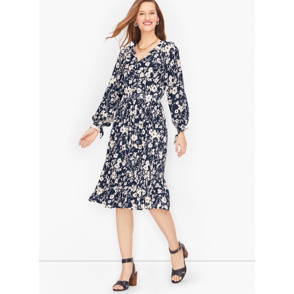 Talbots Navy White Floral Smocked Waist Midi Dress V-Neck Ruffle Long Sleeve XS